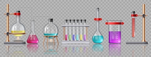 Realistic laboratory equipment. Glass tubes, flasks, burner and beaker with chemicals on holders. Chemistry lab test experiment vector set. Illustration lab research experiment, glass test equipment