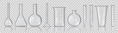 Realistic beakers and flasks. 3D empty laboratory measuring equipment, glass tubes medicine, bottles and chemistry containers vector set. Illustration lab glass for test, equipment laboratory flask