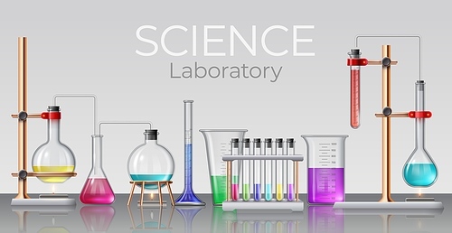 Realistic science laboratory. Chemical lab glassware, beakers, test tubes, flasks and bottles with experimental liquids, 3d vector concept. Illustration experiment lab realistic banner or poster