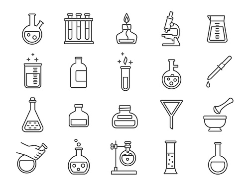 Chemistry or science research laboratory equipment line icons. Pharmacy lab glassware, beakers, test tube and flasks pictograms vector set. Illustration of glass lab beaker, glassware and medical icon
