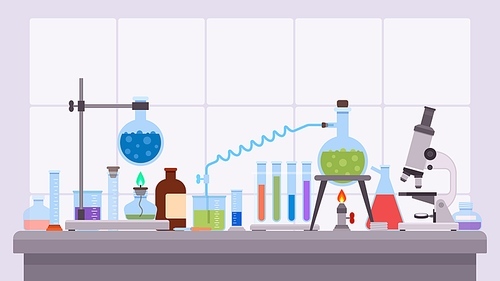 Flat science laboratory experiment with glass beakers and flask. Pharmaceutical research equipment on desk. Chemical lab test vector concept. Illustration of equipment chemical laboratory