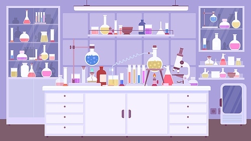 Flat chemical lab room interior with scientist equipment. Chemistry classroom or science laboratory with experiment on table, vector scene. Illustration laboratory interior chemical