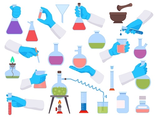 Chemistry laboratory test tubes and science tools for experiment. Chemist or doctor hands in gloves hold lab beakers and flasks vector set. Illustration of test-tube for pharmacology technology