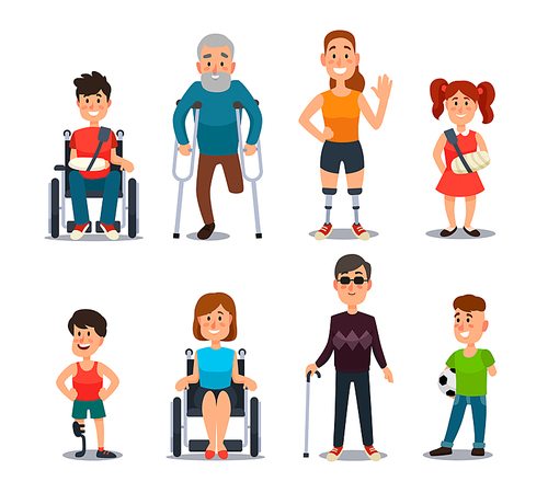 Disability people. Cartoon sick and disabled characters. Person in wheelchair, injured woman, elderly man and happy girl after accident diverse and sickness child colorful vector isolated set