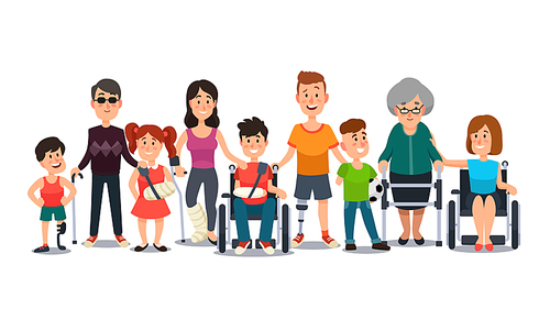disabled characters. happy people with special needs. student kid boy in ., man with disability and elderly on crutches cartoon flat vector set
