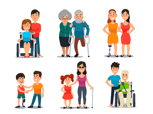 Caring disabled person. Handicapped people with group of friends. Friendly help and care to happy disability man or woman colorful orange green red blue yellow gray purple isolated cartoon vector set