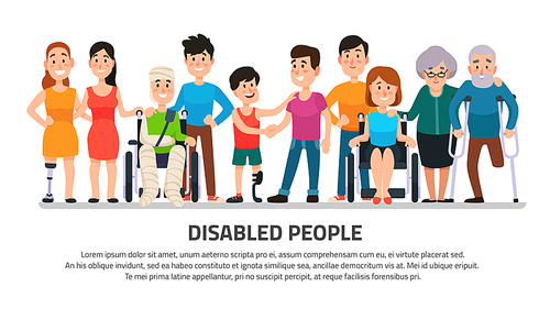 help disabled person. happy disability people helping young student in ., friendly handicapped boy with group of friends diverse adults medical colorful cartoon vector illustration collection