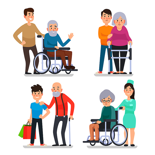 Help old disabled people. Social worker of volunteer community helps elderly citizens at home and sick character patients on wheelchair, nurse caring senior with cane colorful vector set icon