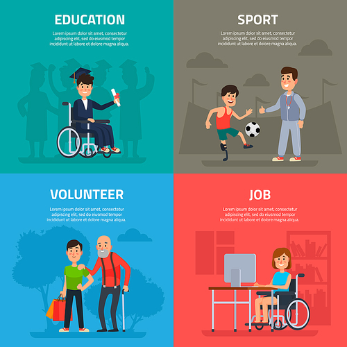 Help disabled persons. Volunteer work, sports and rehabilitation, promenade opportunity of education male friendship and job for physical handicapped artificial disability person cartoon vector set