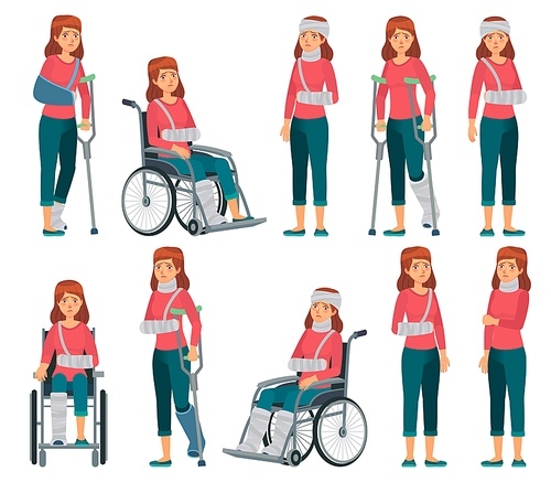 Woman with injury. Broken legs in plaster, arm and neck injuries. Sad female character in wheelchair, accident victim vector cartoon illustration. Unhappy girl with physical disability or trauma.