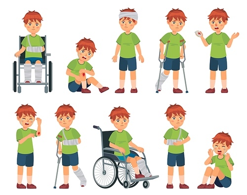 Kid with injury. Boy bruised hand, broke leg and arm. Injuries head, sport injuries and wheelchair vector cartoon illustration set. Sad crying child with wounds or traumas, disability or impairment.