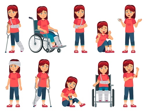 Girl with injury. Child with bruised hand, nose blood and broken leg or hand in plaster. Children in wheelchair vector cartoon illustration set. Kid with limited mobility, physical impairment, trauma.