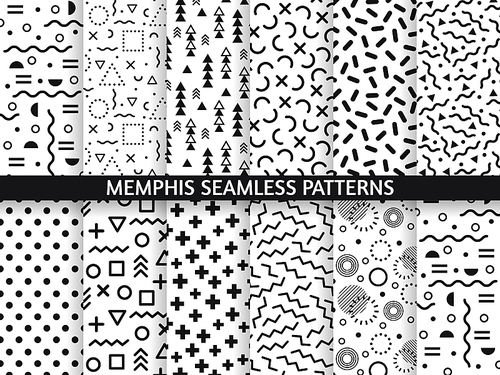 Memphis seamless patterns. Funky pattern, retro fashion 80s and 90s  pattern texture. Geometric graphics style textures. Abstract memphis decoration fabric vector set