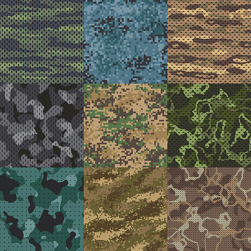 Khaki texture. Camouflage fabric seamless patterns, military clothes textures and army print. Abstract khaki camo soldier uniform texture, hunting uniforms vector pattern background set