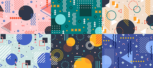 Memphis geometry background. Colorful shapes pattern, vivid coloring texture and funky color patterns abstract. Geometry posters, memphis wallpaper vector backgrounds