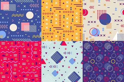 Memphis funky pattern. Retro 90s abstract shapes backgrounds. Creative shape texture poster, 80s geometric wallpaper or hipster memphis ornament. Seamless vector background patterns set