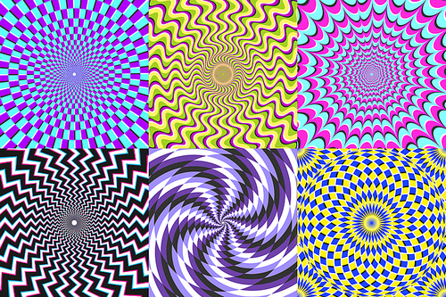 Psychedelic spiral. Optical illusion, delusion spirals and colorful abstraction hypnosis spiral. Hypnotized swirl, fascinating swirled abstract fractal illusory spin vector illustration set