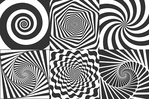 Hypnotic spiral. Swirl hypnotize spirals, vertigo geometric illusion and rotating stripes round pattern. Optical psychedelic delusion, hypnotherapy spiral illusion vector illustration set