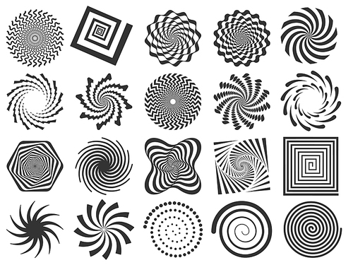 Swirl silhouette. Spiral swirling spin, swirls circle and abstract swirled silhouettes. Delusion abstraction, deceptive helix motion or optical hypnotic spin. Vector illustration isolated signs set