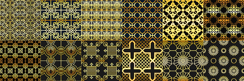 Golden arabic ornaments seamless pattern. Arabs fashion, geometric islamic ornament and gold ramadan frame. Ceramics texture, boho mosaic or turkish ethnic ornamental textile patterns vector set