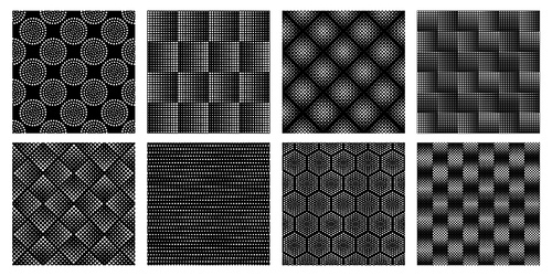 Seamless halftone geometric pattern. Dotted texture, abstract circle shapes and elegant black and white patterns vector set