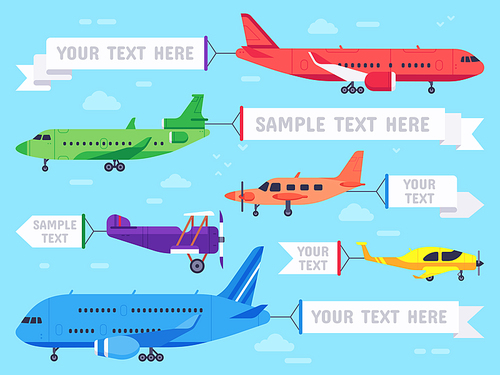 Airplane with banner. Flying ad aeroplane, aviation aircraft banners and airline plane ads or sky plane aerial banner. Flying advertising biplane ribbon flat vector illustration