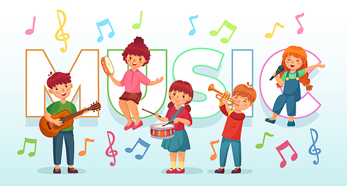 Kids playing music. Children musical instruments, baby band musicians and dancing kid singing or playing guitar. Young character play jazz music and sing cartoon vector illustration