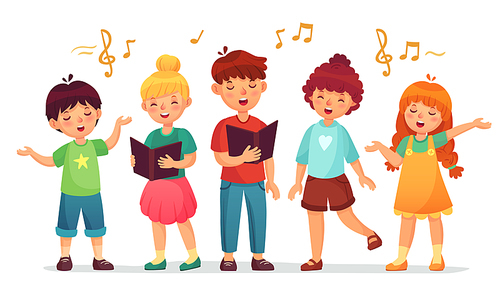 Singing kids. Music school, kid vocal group and children choir sing. Children singing performance or school karaoke singer character. Cartoon vector illustration isolated icons set