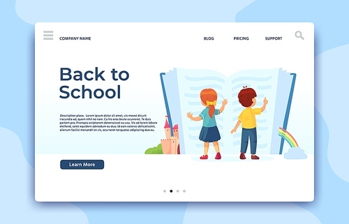 Back to School landing page. Education and study web page, kids read knowledge in book, learning children, vector illustration