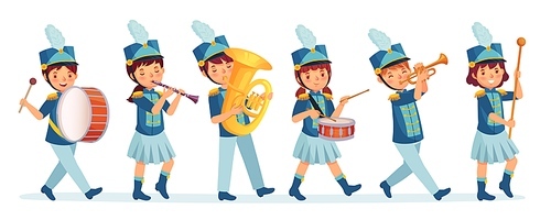 Cartoon kids marching band parade. Child musicians on march, childrens loud playing music instruments cartoon vector illustration. Entertainment parade, performer drum and music band