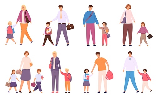 Parents take children to school. Crowd of happy students walk with family. Mother, father and kids with bags go back to school vector set. Adults holding hands with schoolboys and schoolgirls