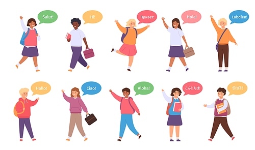 International kids say hello. Diversity school children with speech bubble on english, spanish, chinese and french. Multicultural vector set. Foreign girls and boys greeting and waving
