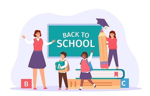 Back to school. Happy teacher meet students with bags, books and pencil. Children in classroom. First day of study, education vector concept. Boy and girls pupils in uniform coming to learn