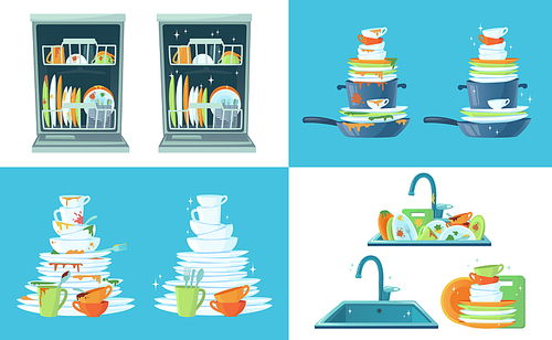 Dirty kitchen dish. Clean empty dishes, plates in dishwasher and dinnerware in sink. Washing up dish, dirty and clean restaurant plate or household kitchenware cartoon vector illustration set