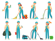 Cleaning workers. Professional cleaning staff, domestic cleaner worker and cleaners equipment. Home clean, housework service or housekeeping workers and janitor. Cartoon vector isolated icons set