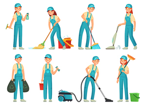Cleaning workers. Professional cleaning staff, domestic cleaner worker and cleaners equipment. Home clean, housework service or housekeeping workers and janitor. Cartoon vector isolated icons set