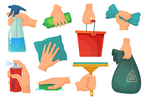 Cleaning products in hands. Hand hold detergent, housework supplies and cleanup rag. Kitchen cleaning, house washing disinfection equipment. Cartoon vector illustration isolated icons set