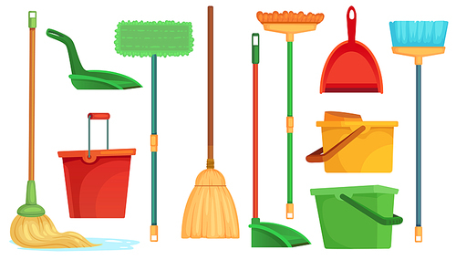 Housework broom and mop. Sweeper brooms, home cleaning mops and cleanup broom with dustpan. Broom, kitchen and bathroom hygiene or housework equipment. Isolated cartoon vector illustration symbols set