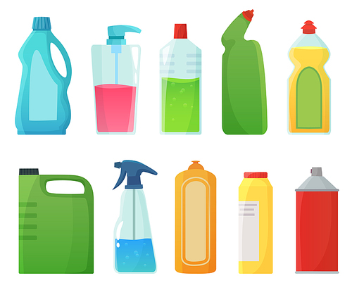 Detergent bottles. Cleaning supplies products, bleach bottle and plastic detergents containers. Household bottles, sanitary chemicals cleaners equipment. Cartoon vector illustration isolated icons set