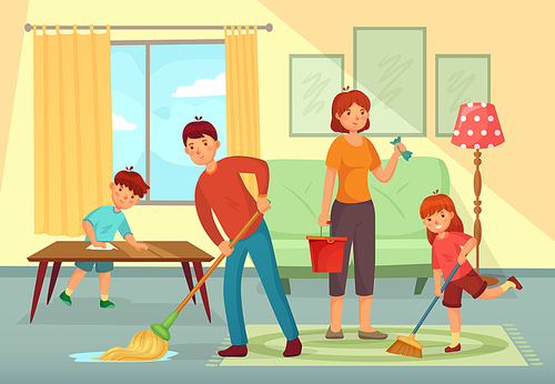 Family cleaning house. Father, mother and kids cleaning living room together. Housework family, domestic dirty floor cleaning or regular household working cartoon vector illustration