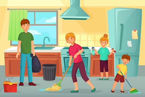 Family cleaning kitchen. Father, mother and kids clean cuisine together household dusting and wiping floor. Kitchen domestic cleaning, tidy family regular housekeeping cartoon vector illustration