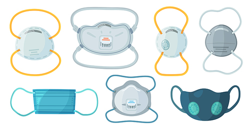 Safety breathing masks. Industrial safety N95 mask, dust protection respirator and breathing medical respiratory mask. Hospital or pollution protect face masking. Cartoon vector isolated symbols set