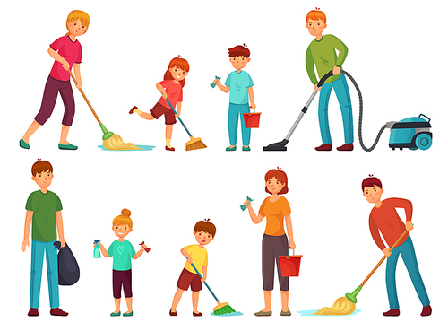 Family housework. Parents and kids clean up house, cleaning with vacuum cleaner and wash floor. Household work or housekeeping hygiene. Cartoon vector illustration isolated symbols set