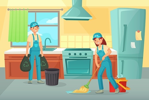 Professional cleaning workers cleaning kitchen. Service household, domestic cleaning and housekeeping. Vector illustration