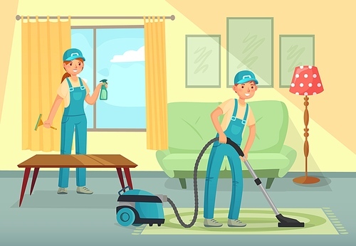 Professional cleaning workers cleaning living room. Man and woman characters, cleaning company staff vacuuming carpet, washing windows. People in uniform with tools vector illustration