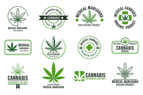 Cannabis label. Medical marijuana therapy, legal hemp plant and drug plants. Smoking weed badges, health marijuana smoking or cannabis manufacturing leaf logo. Isolated vector symbols set