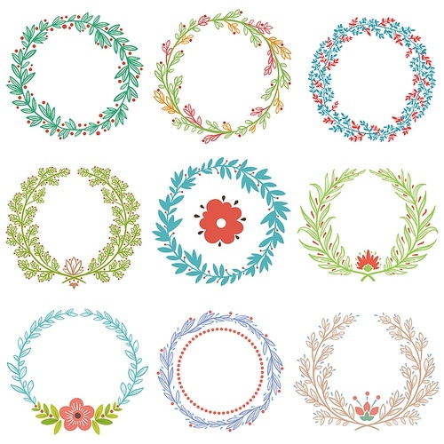 Floral ornament wreaths with flowers. Branches and leaves in circle frame. Laurel wreath, decor plants in ornamental round frames set for greeting card, poster, wedding invitation vector illustration.