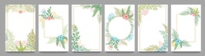 Floral ornament card frame. Plant branches border, vintage frame design with flowers and leaf vector illustration set. Frame floral branch banner, border card green