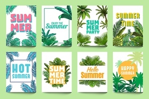 Abstract summer poster. Enjoy summer, party invitation and hello summer flyer art with tropical palm leaves and monstera leafs vector set. Hello summer enjoy, tropical summertime illustration
