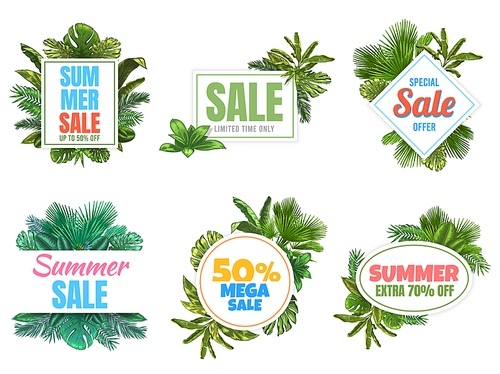 Summer sale badges. Abstract sale poster with tropical leaves, floral frame label and summer offer badge vector set. Summer promotion tropical, seasonal leaf label illustration